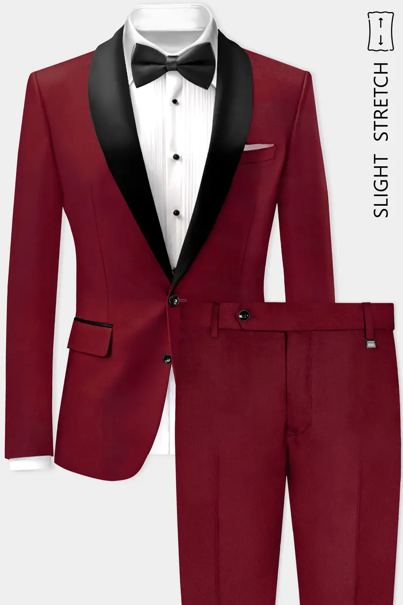 Crimsonace-Cherry Red Solid Wool Rich Tuxedo Slight Stretch Suit 2