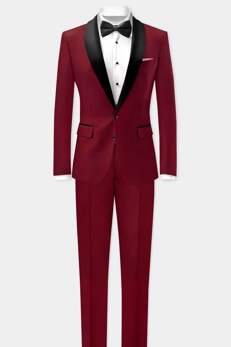 Crimsonace-Cherry Red Solid Wool Rich Tuxedo Slight Stretch Suit 4