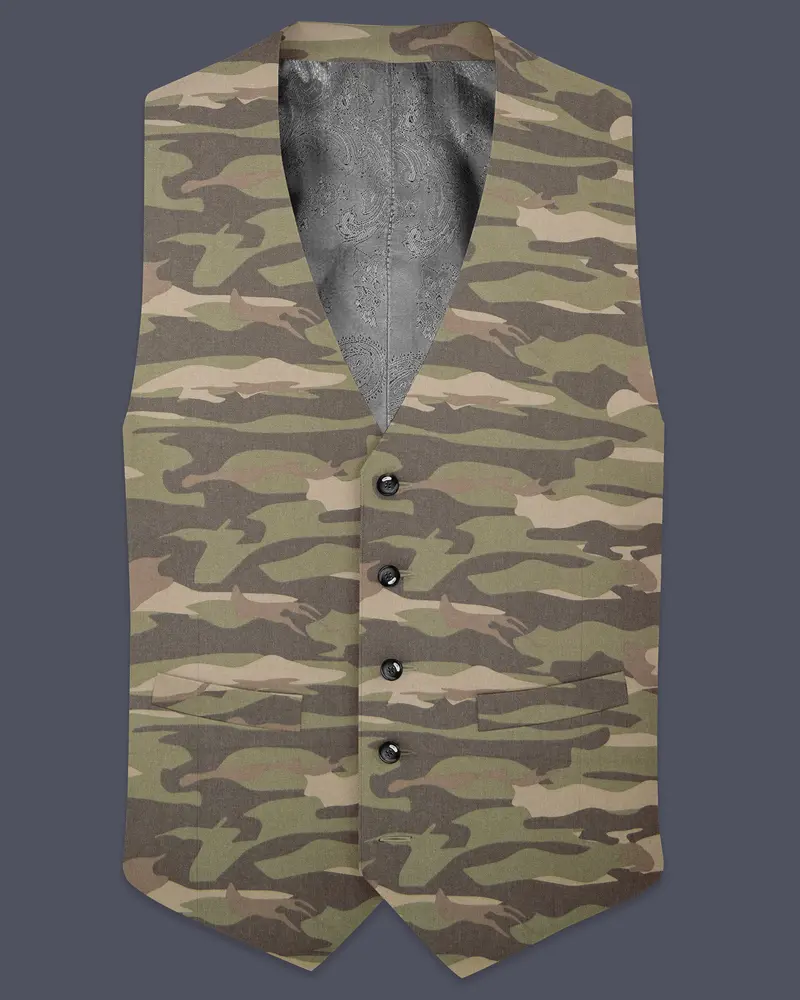 Crocodile Brown And Wenge Camouflage Printed Cotton Waistcoat 1