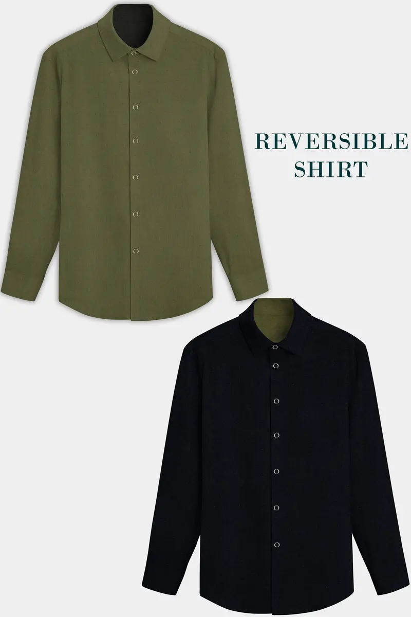 Crocodile Green And Ebony Blue Solid Premium Giza Cotton Reversible Shirt 2