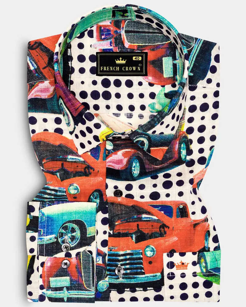 Cruisevibe-Merino Cream And Grapefruit Red Car Printed Lightweight Premium Cotton Multicolor Casual Shirt 1