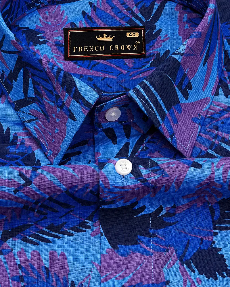Crystal Blue With Fuchsia Purple Leaves Printed Premium Cotton Shirt 1