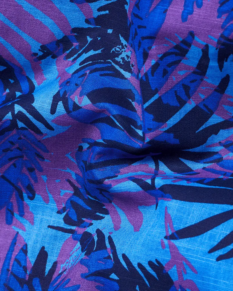 Crystal Blue With Fuchsia Purple Leaves Printed Premium Cotton Shirt 2