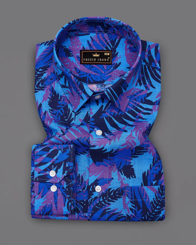 Crystal Blue With Fuchsia Purple Leaves Printed Premium Cotton Shirt 3
