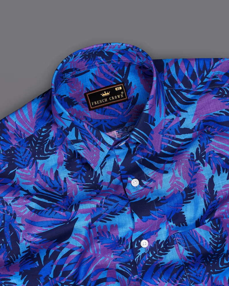 Crystal Blue With Fuchsia Purple Leaves Printed Premium Cotton Shirt 4