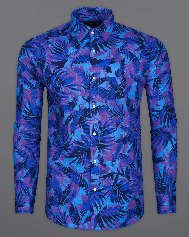 Crystal Blue With Fuchsia Purple Leaves Printed Premium Cotton Shirt 5