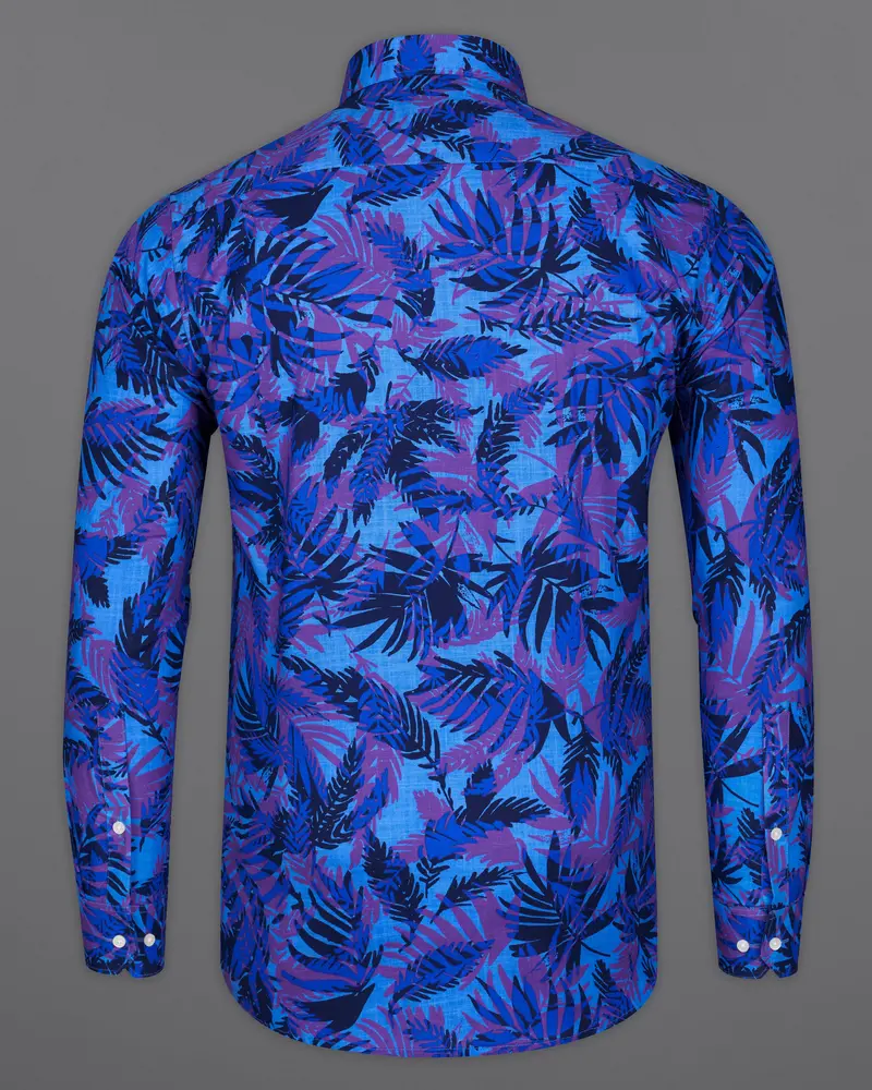 Crystal Blue With Fuchsia Purple Leaves Printed Premium Cotton Shirt 6