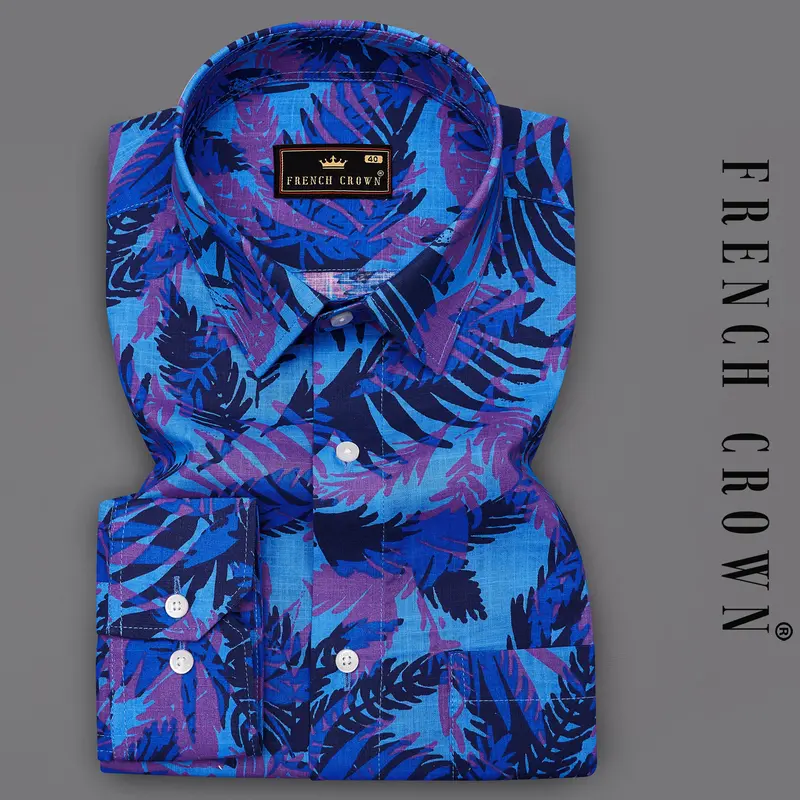 Crystal Blue With Fuchsia Purple Leaves Printed Premium Cotton Shirt 9