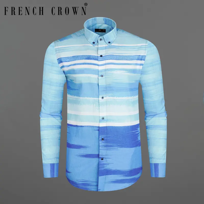 Crystal Sky Blue With Muted Blue Striped Premium Cotton Shirt 1