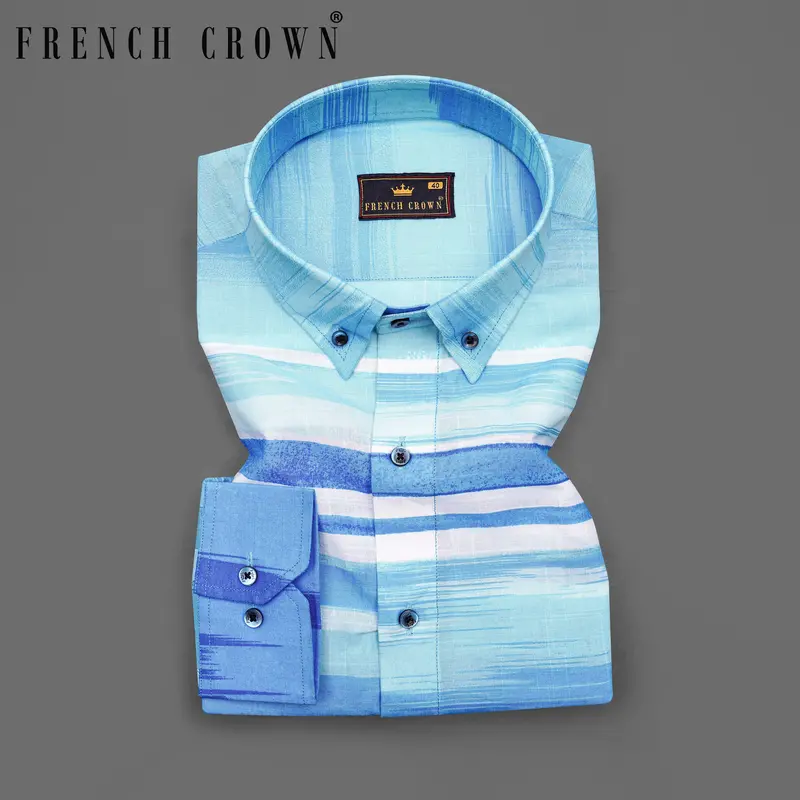 Crystal Sky Blue With Muted Blue Striped Premium Cotton Shirt 8