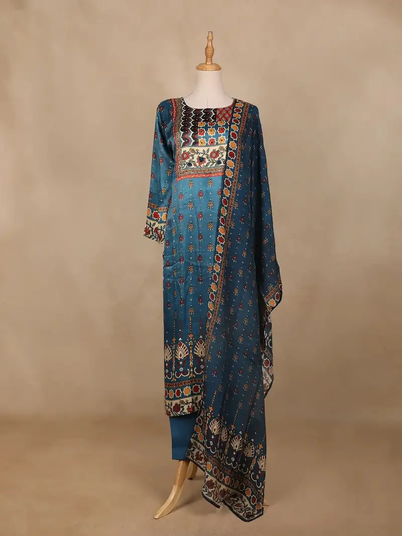 Crystal Teal  Floral Printed Synthetic Salwar Suit 1