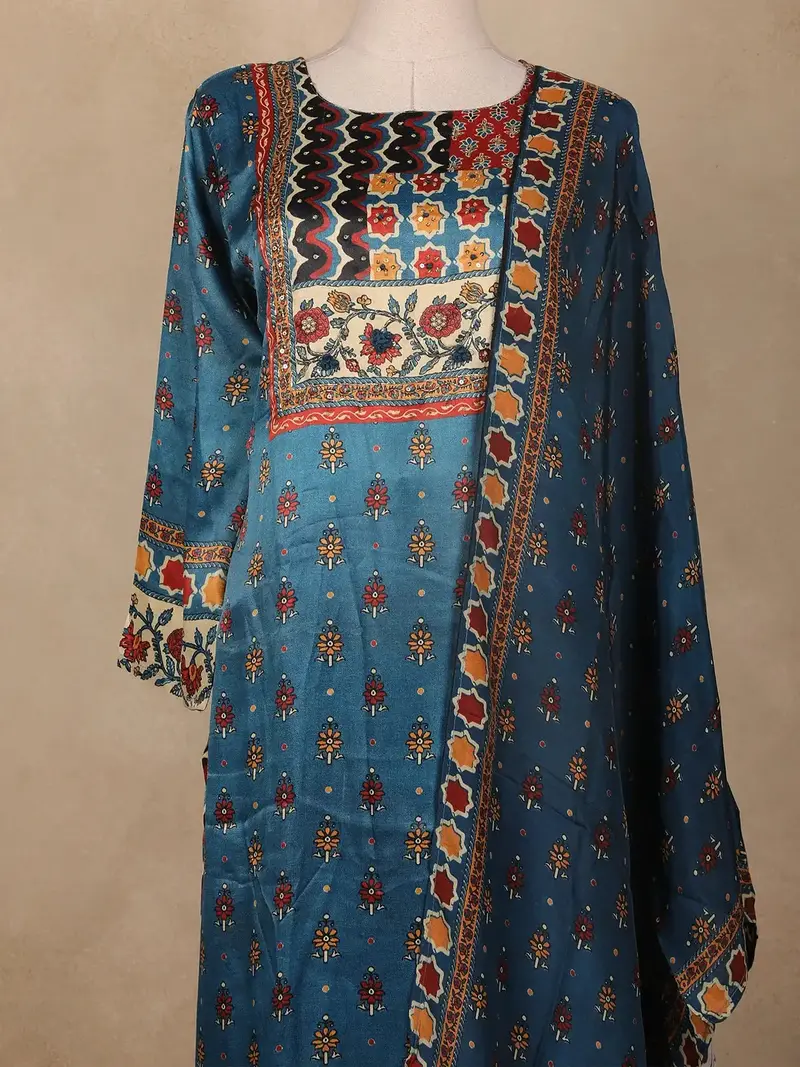 Crystal Teal Floral Printed Synthetic Salwar Suit 2