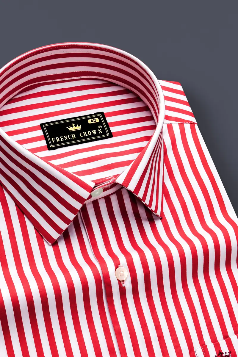 Cuffire-Milano Red And Bright White Striped Subtle Sheen Super Soft Premium Cotton Dress Shirt 2