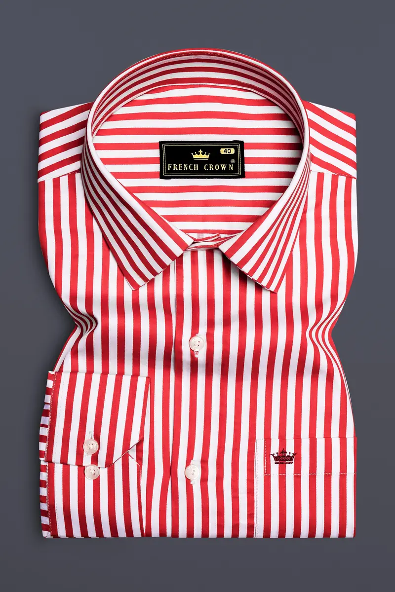 Cuffire-Milano Red And Bright White Striped Subtle Sheen Super Soft Premium Cotton Dress Shirt 4
