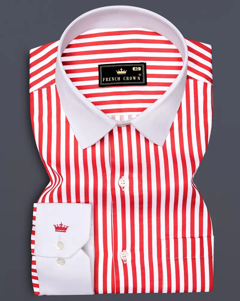 Cuffire-Milano Red And Bright White Striped Super Soft Premium Cotton Dress White Cuff Collar Shirt 1