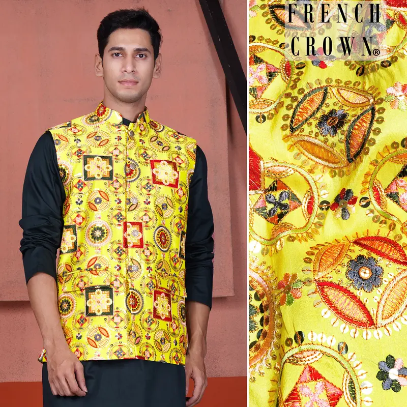 Custard Yellow Multicolour Cotton Thread Embroidered Designer Nehru Jacket 1