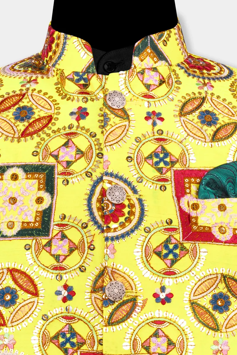 Custard Yellow Multicolour Cotton Thread Embroidered Designer Nehru Jacket 10