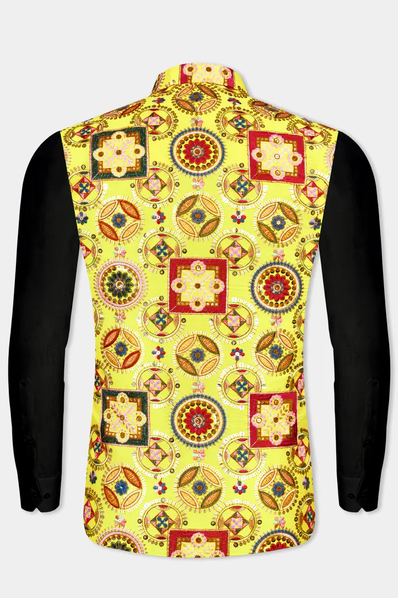 Custard Yellow Multicolour Cotton Thread Embroidered Designer Nehru Jacket 11