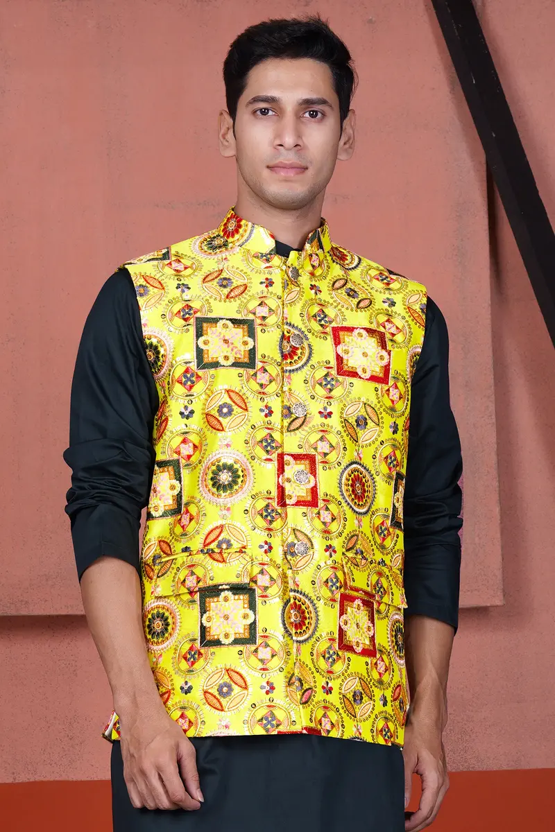 Custard Yellow Multicolour Cotton Thread Embroidered Designer Nehru Jacket 2