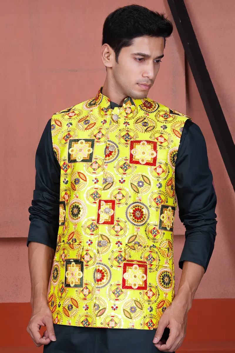 Custard Yellow Multicolour Cotton Thread Embroidered Designer Nehru Jacket 5