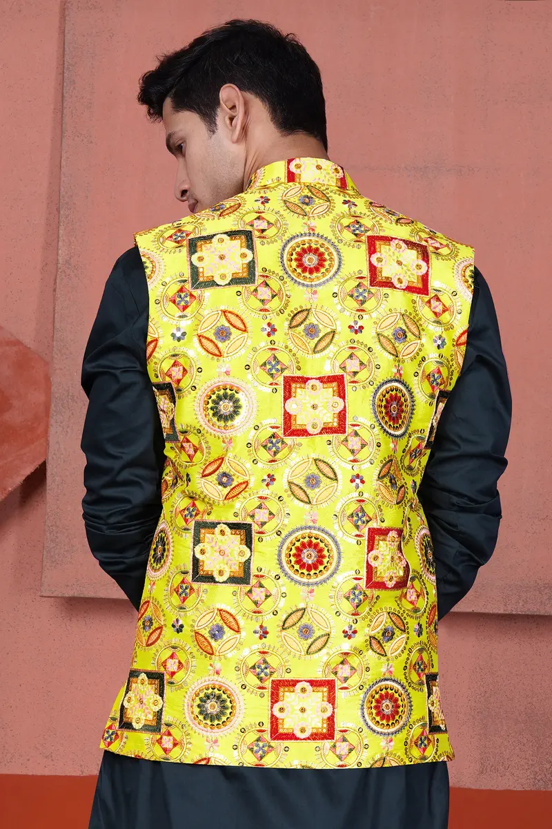 Custard Yellow Multicolour Cotton Thread Embroidered Designer Nehru Jacket 6