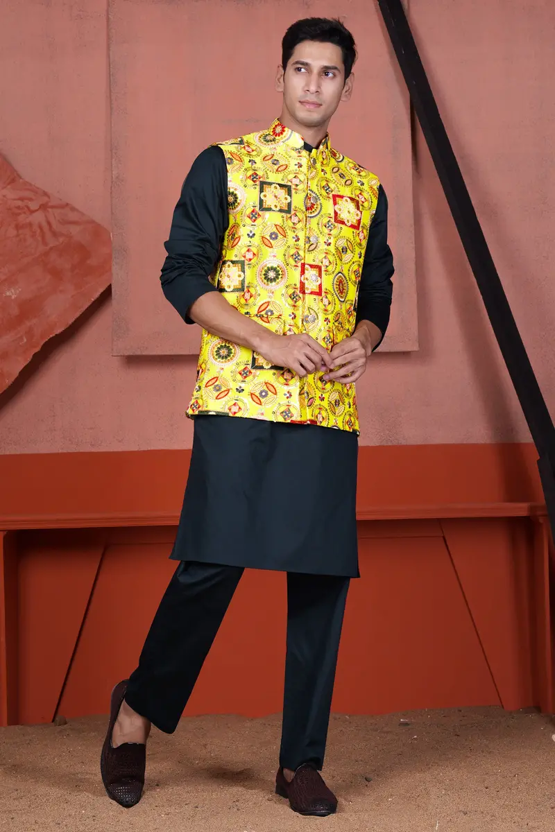 Custard Yellow Multicolour Cotton Thread Embroidered Designer Nehru Jacket 7