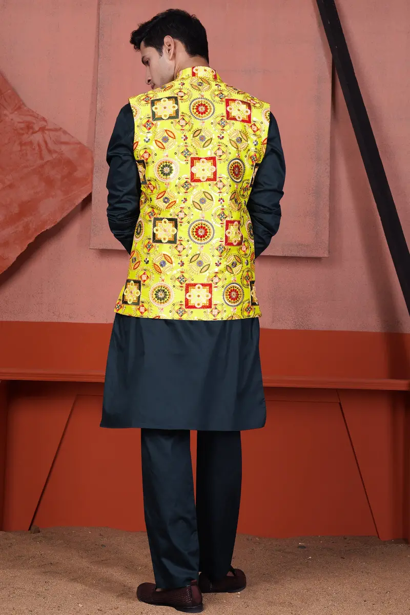 Custard Yellow Multicolour Cotton Thread Embroidered Designer Nehru Jacket 8