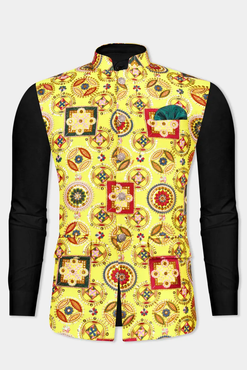 Custard Yellow Multicolour Cotton Thread Embroidered Designer Nehru Jacket 9