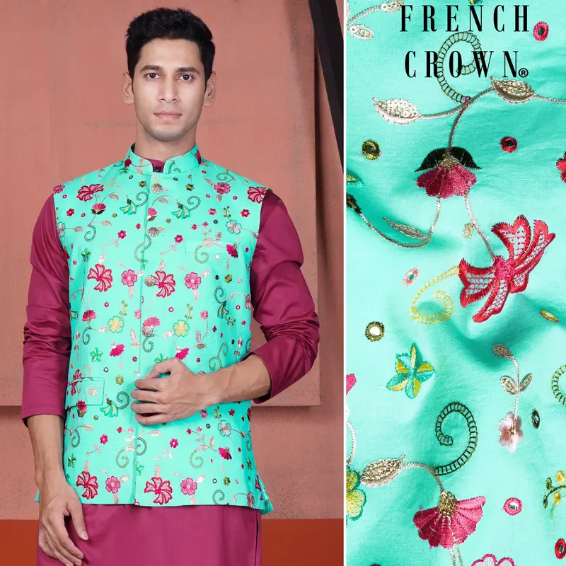 Cyan Blue And Charm Pink Floral Cotton Thread Embroidered Designer Nehru Jacket 1