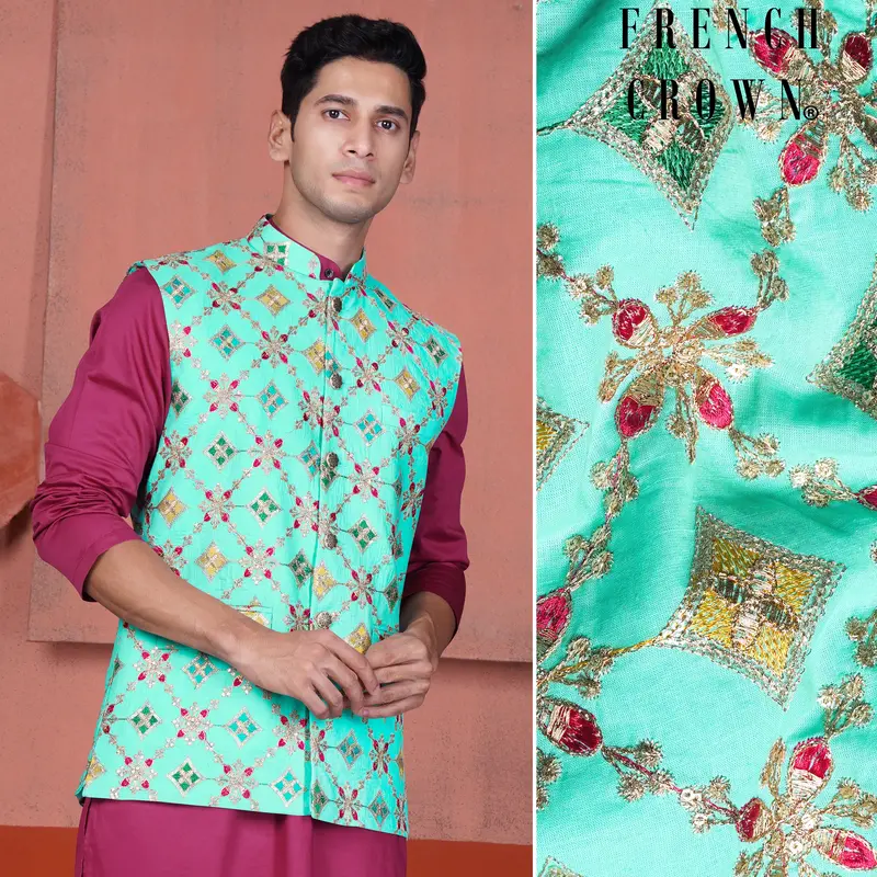 Cyan Blue And Charm Pink Geometric Cotton Thread Embroidered Designer Nehru Jacket 1