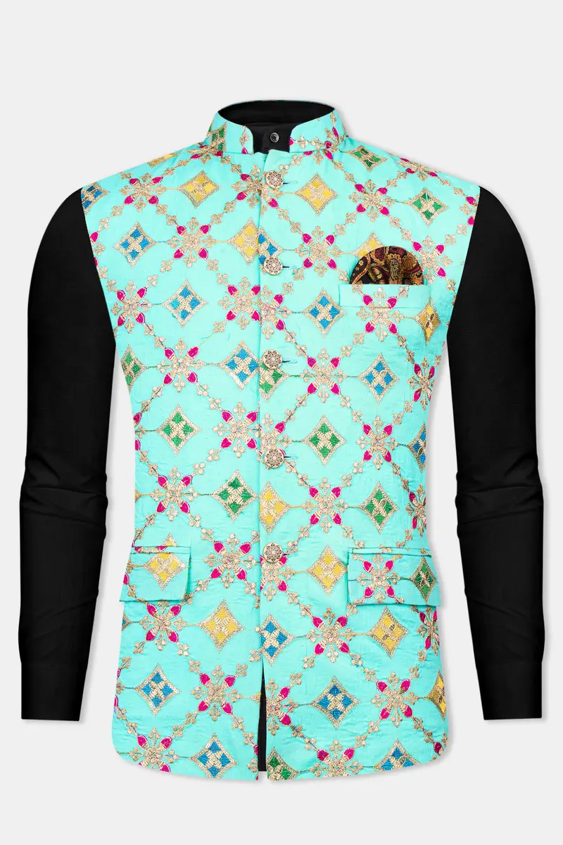 Cyan Blue And Charm Pink Geometric Cotton Thread Embroidered Designer Nehru Jacket 10