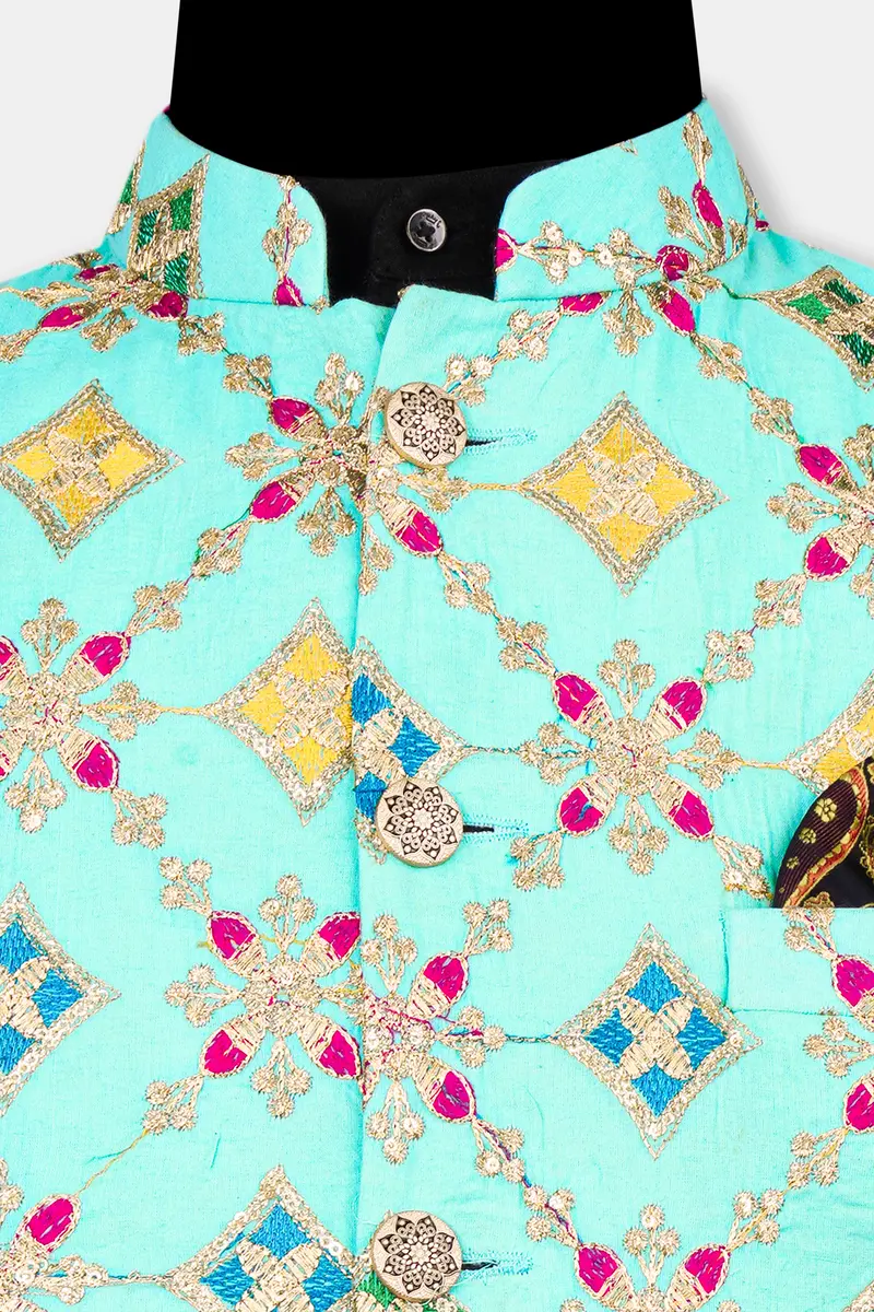 Cyan Blue And Charm Pink Geometric Cotton Thread Embroidered Designer Nehru Jacket 11
