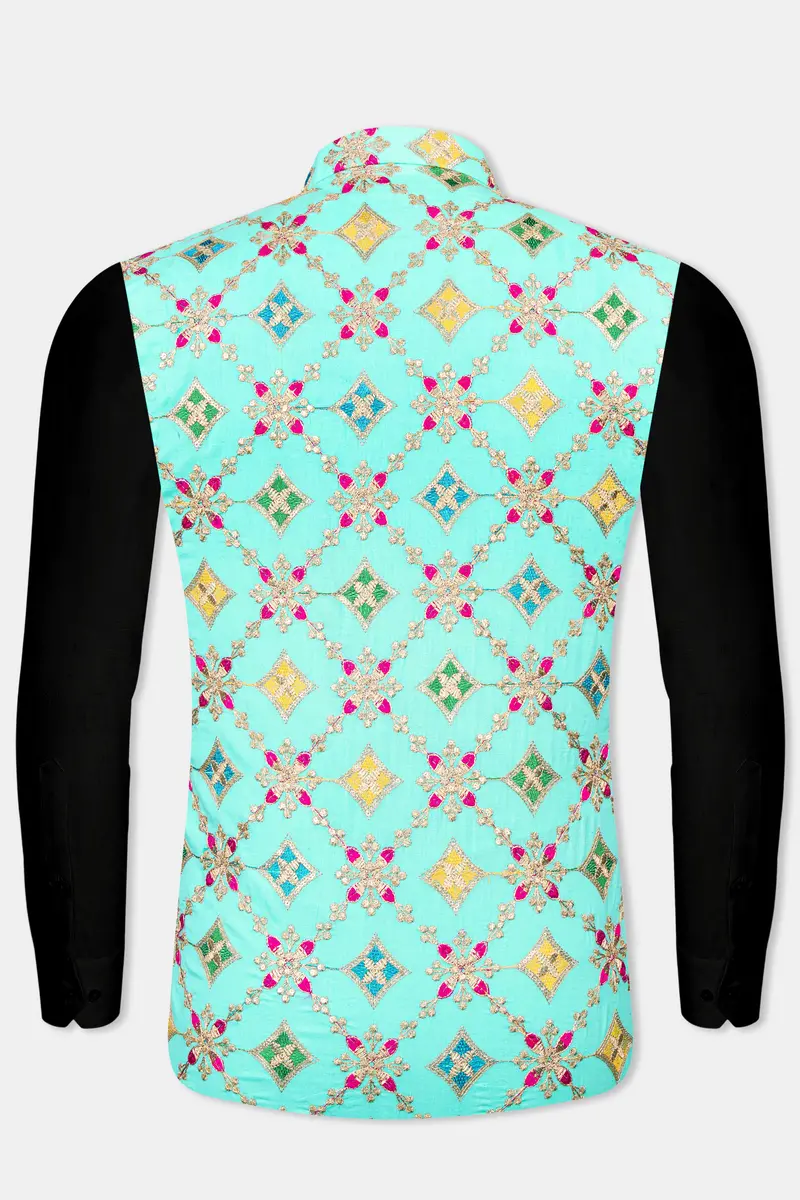 Cyan Blue And Charm Pink Geometric Cotton Thread Embroidered Designer Nehru Jacket 12