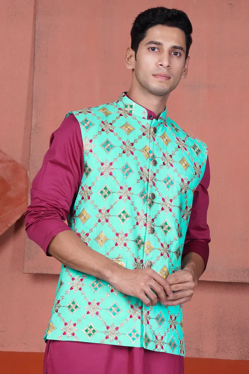 Cyan Blue And Charm Pink Geometric Cotton Thread Embroidered Designer Nehru Jacket 2