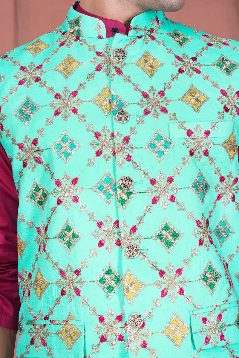 Cyan Blue And Charm Pink Geometric Cotton Thread Embroidered Designer Nehru Jacket 4