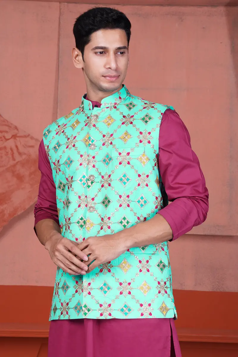 Cyan Blue And Charm Pink Geometric Cotton Thread Embroidered Designer Nehru Jacket 5