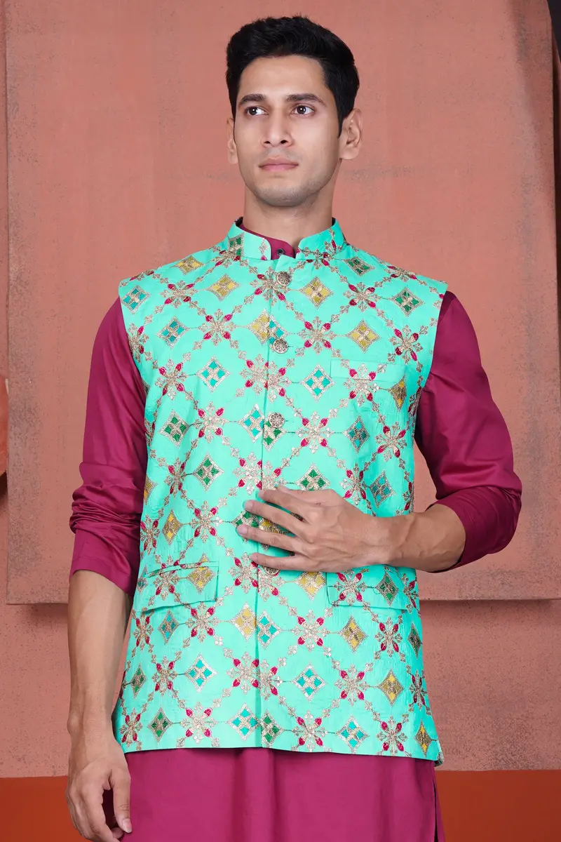 Cyan Blue And Charm Pink Geometric Cotton Thread Embroidered Designer Nehru Jacket 6
