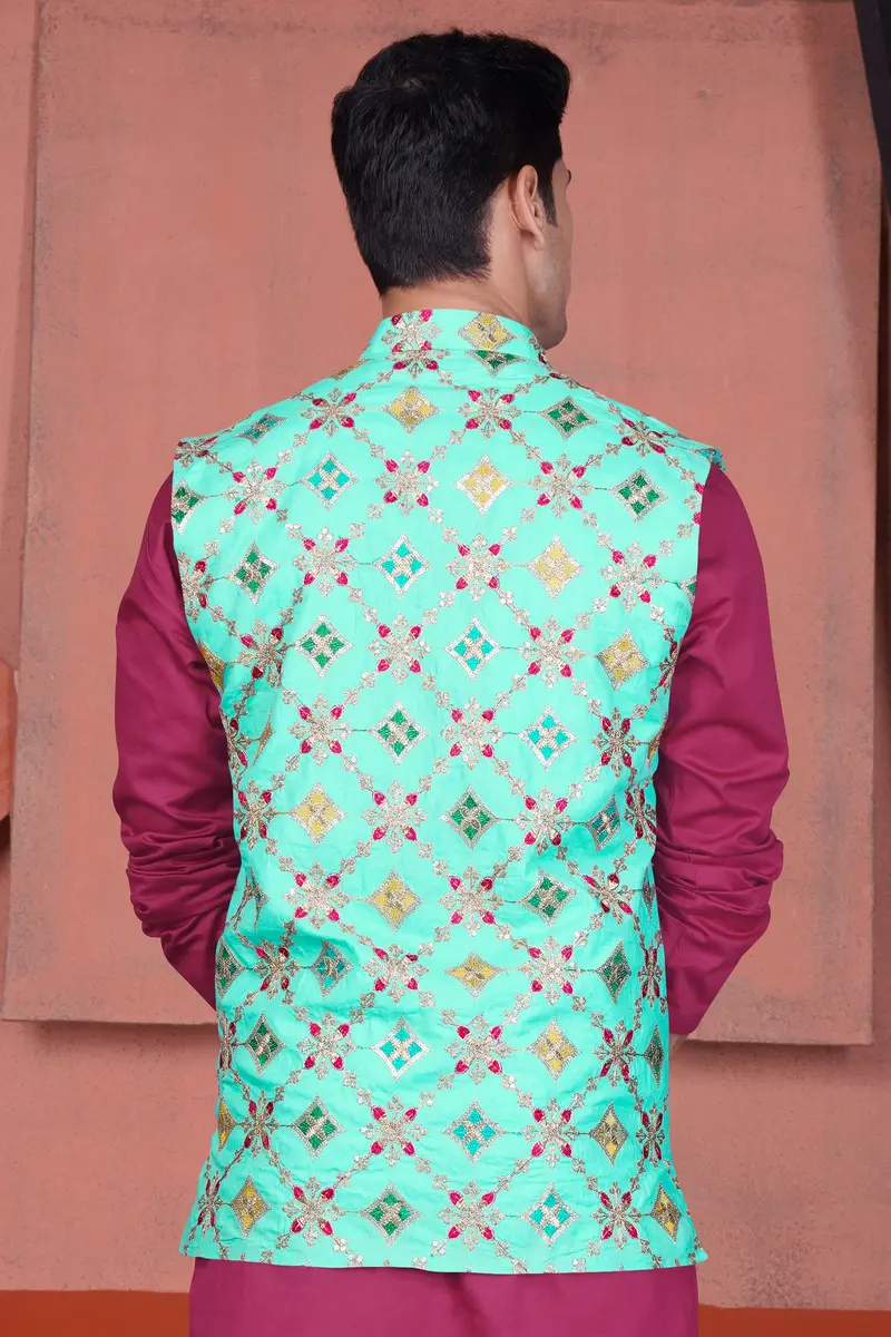 Cyan Blue And Charm Pink Geometric Cotton Thread Embroidered Designer Nehru Jacket 7