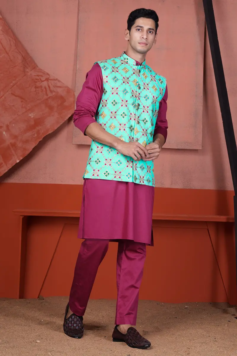 Cyan Blue And Charm Pink Geometric Cotton Thread Embroidered Designer Nehru Jacket 8