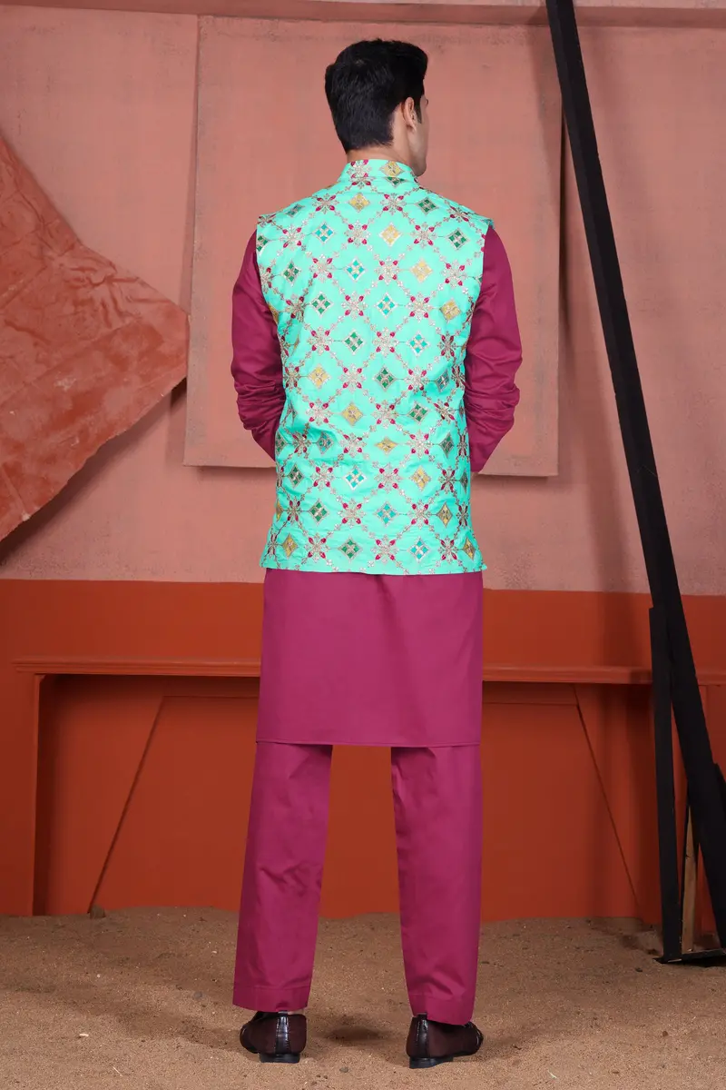 Cyan Blue And Charm Pink Geometric Cotton Thread Embroidered Designer Nehru Jacket 9