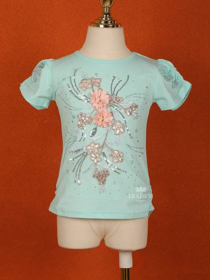 Cyan Blue Cotton Half Sleeve T-Shirt For Girls 1