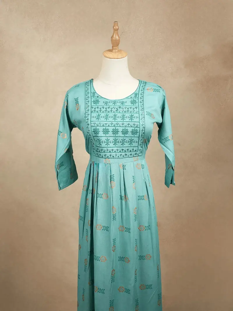 Cyan Blue Cotton Kurtis Adorned With Sequins And Embroidery With Floral Design Without Dupatta 1