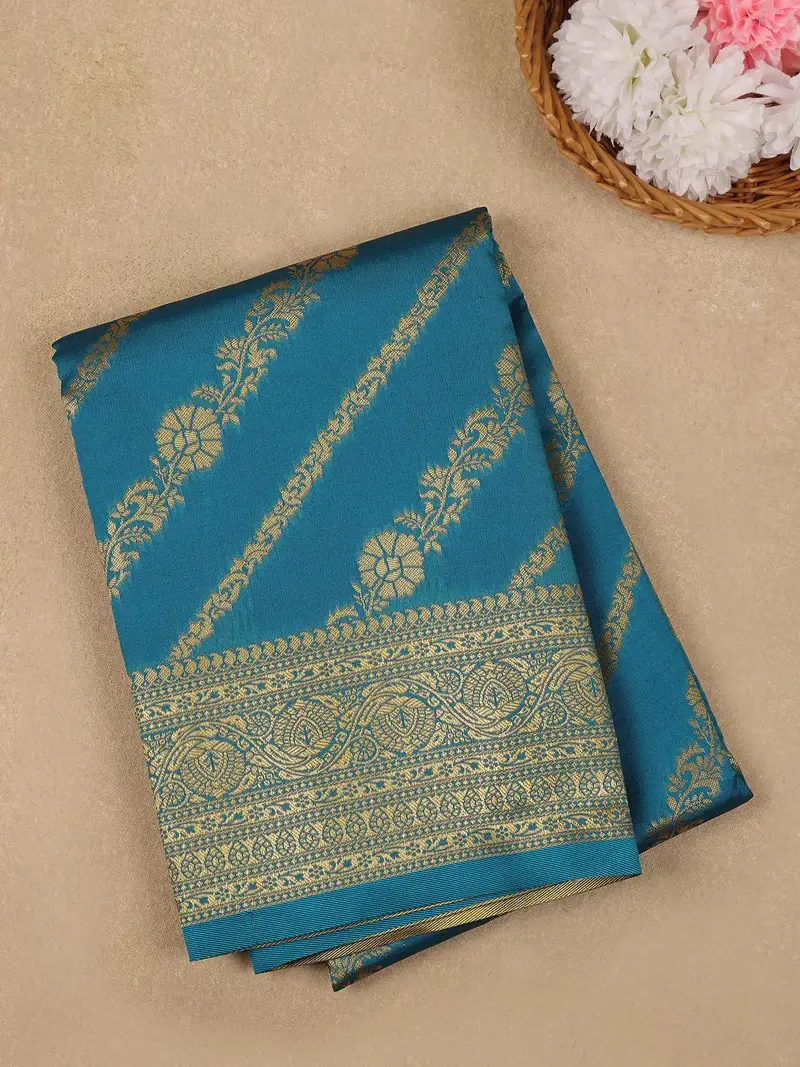 Cyan Blue Floral Design Silk Saree 1
