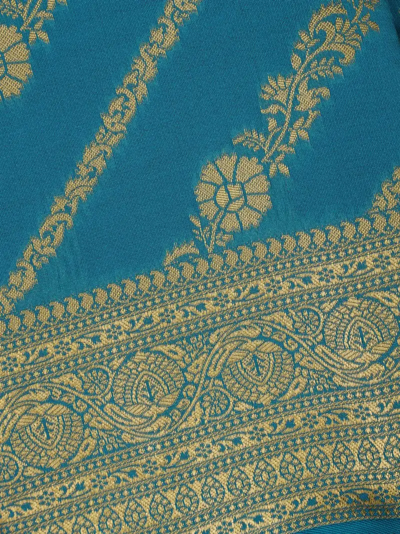 Cyan Blue Floral Design Silk Saree 2
