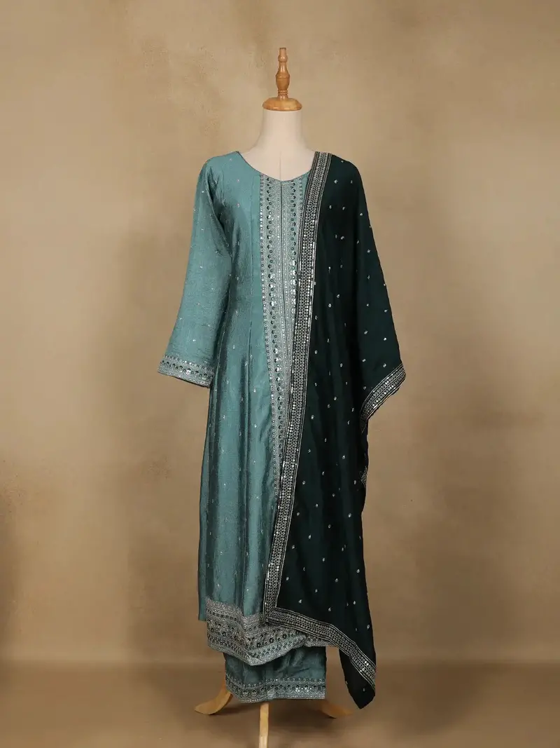 Cyan Blue Floral Embroidered Georgette Salwar Suit 1