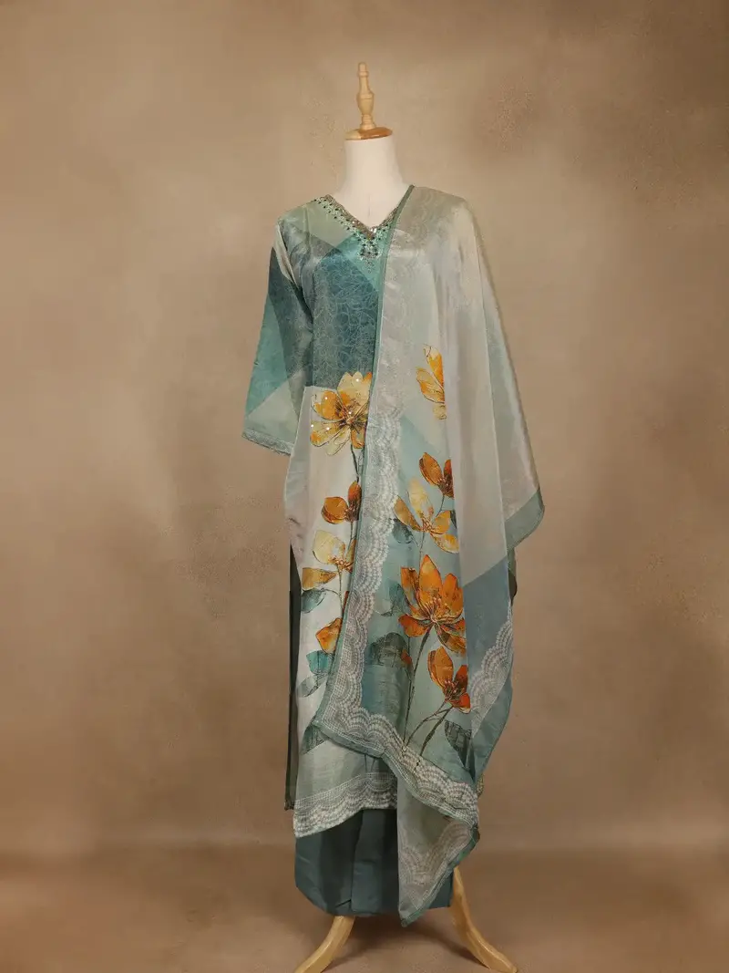 Cyan Blue Floral Printed Cotton Salwar Suit With Dupatta 1