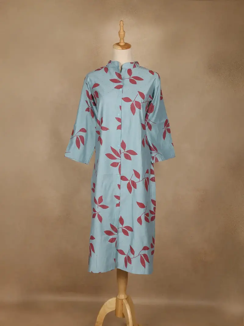 Cyan Blue Leaf Design Printed Cotton Kurti 1