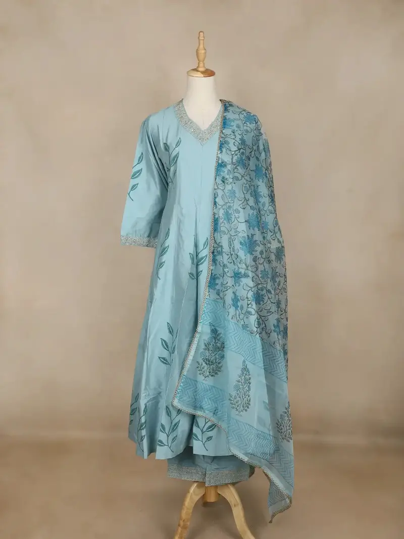 Cyan Blue Leaf Motif Printed Silk Anarkali Salwar Suit With Floral Printed Dupatta 1