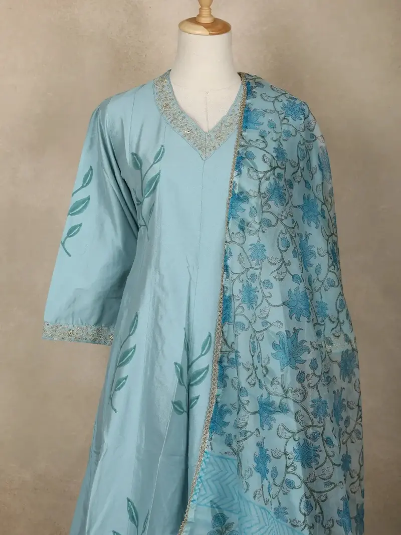 Cyan Blue Leaf Motif Printed Silk Anarkali Salwar Suit With Floral Printed Dupatta 2