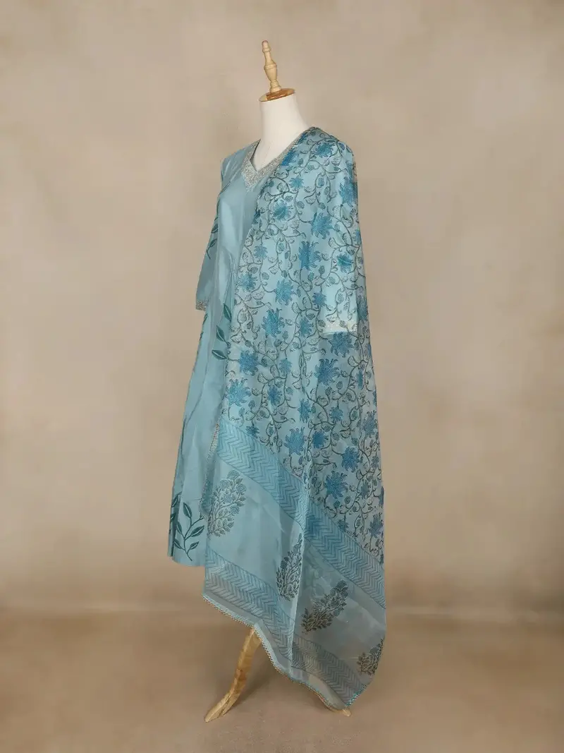 Cyan Blue Leaf Motif Printed Silk Anarkali Salwar Suit With Floral Printed Dupatta 3